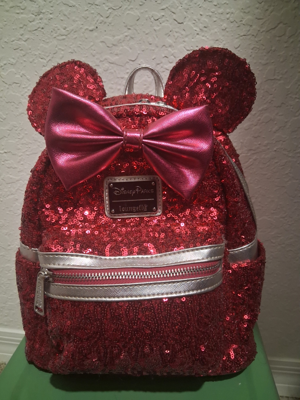 Disney Fushia Sequin Mini Backpack with Metallic Pink Bow